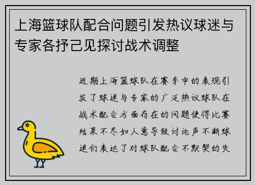上海篮球队配合问题引发热议球迷与专家各抒己见探讨战术调整